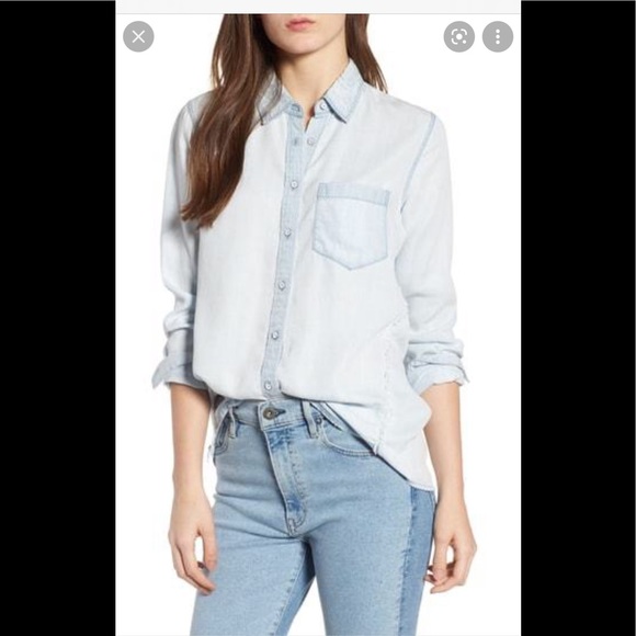 DL1961 PREMIUM MERCER & SPRING CHAMBRAY FRAYED ACCENT BUTTON UP SHIRT MEDIUM EUC - Picture 2 of 16